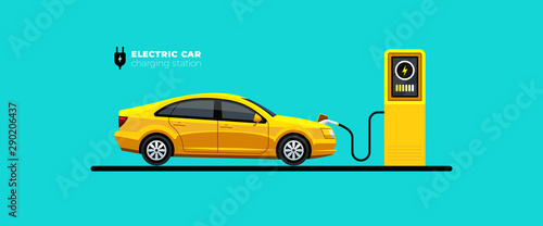 Electric car charging at the charger station or point vector illustration. E-vehicle and electromobility design concept. Eco friendly car.
