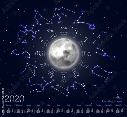 Astrology calendar for 2020 year with zodiacal circle. Lighted moon, star signs with dates of birth and stellar constellations. Zodiac horoscope on deep blue background vector illustration.