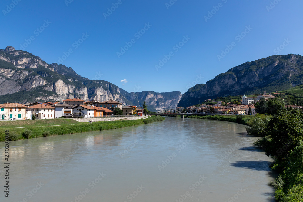 scenic view to river Adige in the Alps at San Michele del Adige