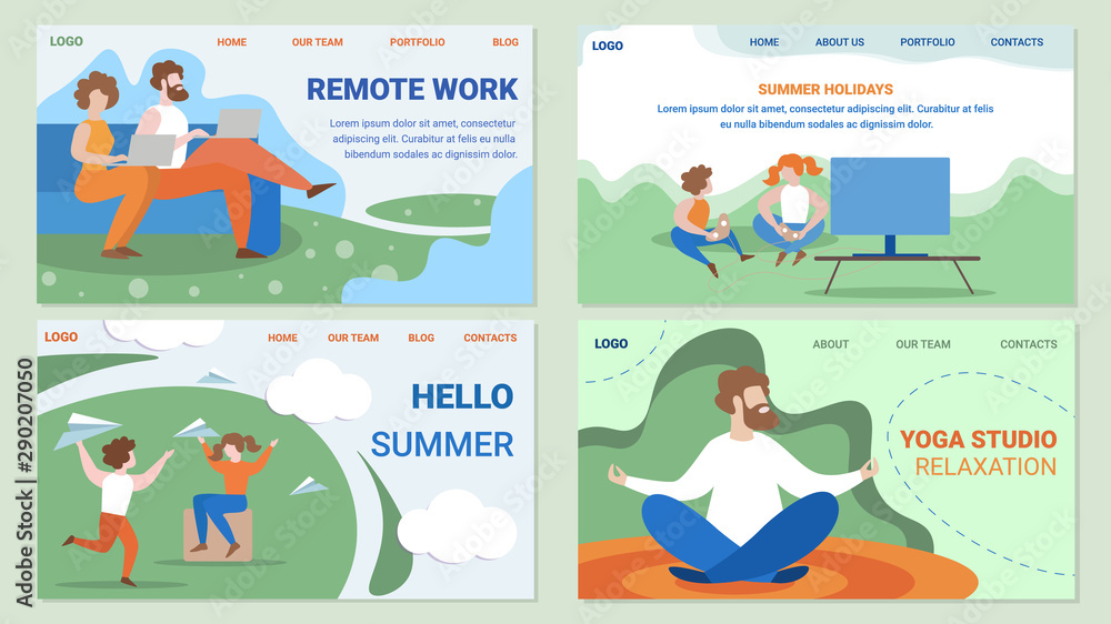 People Work and Leisure Flat Vector Web Pages Set People Work and Leisure Flat Vector Web Pages Set