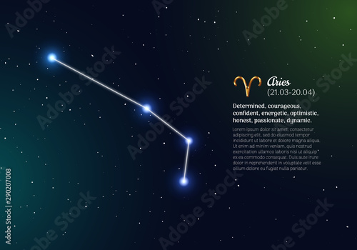 Aries zodiacal constellation with bright stars. Aries star sign and dates of birth on deep space background. Astrology horoscope prediction with unique positive personality traits vector illustration