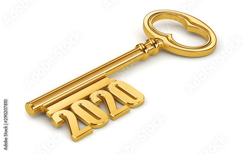 Gold 2020 key isolated on white background. 3d rendering. Illustration for advertising. © 3dddcharacter