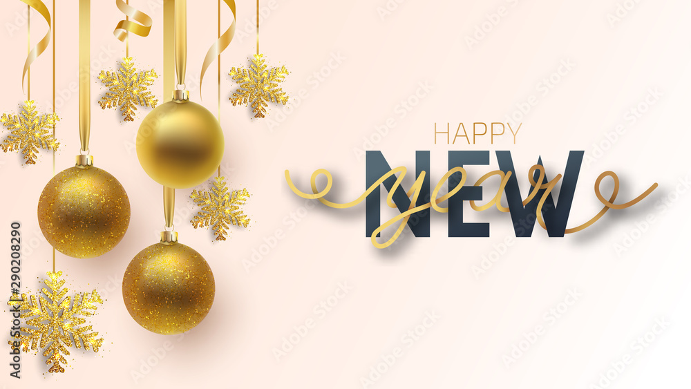 Greeting card, invitation with happy New year 2020 and Christmas. Metallic gold and snowflake Christmas balls, decoration, shiny confetti on a white background. Vector Illustration Greeting card, invitation with happy New year 2020 and Christmas. Metallic gold and snowflake Christmas balls, decoration, shiny confetti on a white background. Vector Illustration
