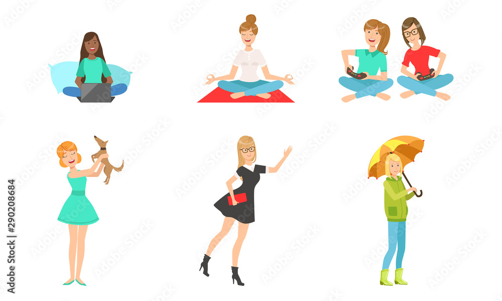 Young Women Daily Routines Set, Girls Working with Laptop, Meditating, Playing Computer Games, Playing with Dog, Working with Umbrella Vector Illustration