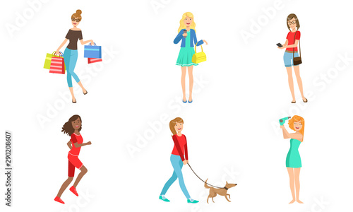 Young Women Daily Activities Set  Girls Shopping  Doing Sports  Walking with Dog  Drying Hair Vector Illustration