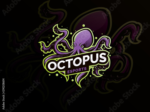 Octopus sport mascot logo design illustration. Squid, Kraken, Octopus mascot logo design for sport team. Vector eSports logo concept, Modern badge mascot design. Wild animal vector illustration