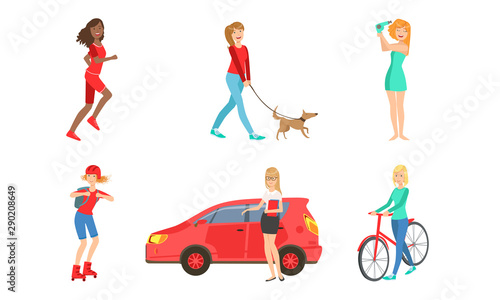 Young Women Daily Activities Set, Girls Shopping, Doing Sports, Walking with Dog, Drying Hair, Girl Rollerblading, Riding Bicycle, Driving Car Vector Illustration