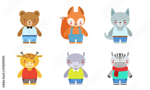 Cute Baby Animals Set, Bear, Fox, Wolf, Giraffe, Hippo, Zebra, Rabbit Vector Illustration