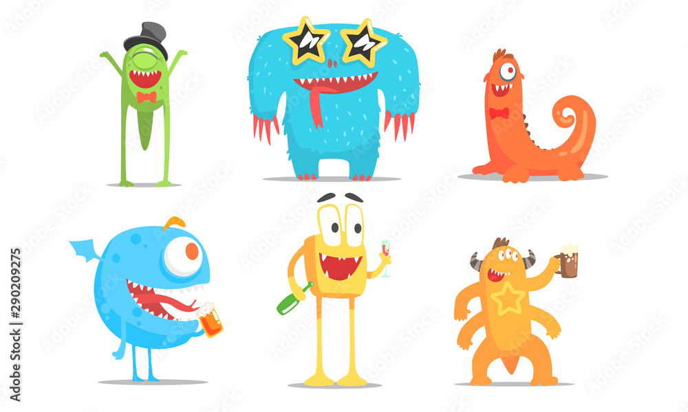 Fototapeta premium Cute Cartoon Monsters Characters Set, Funny Party Design Elements Vector Illustration