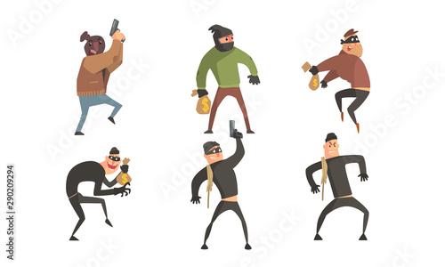 Criminals Characters Set, Masked Robbers Holding Guns and Money Sacks Vector Illustration