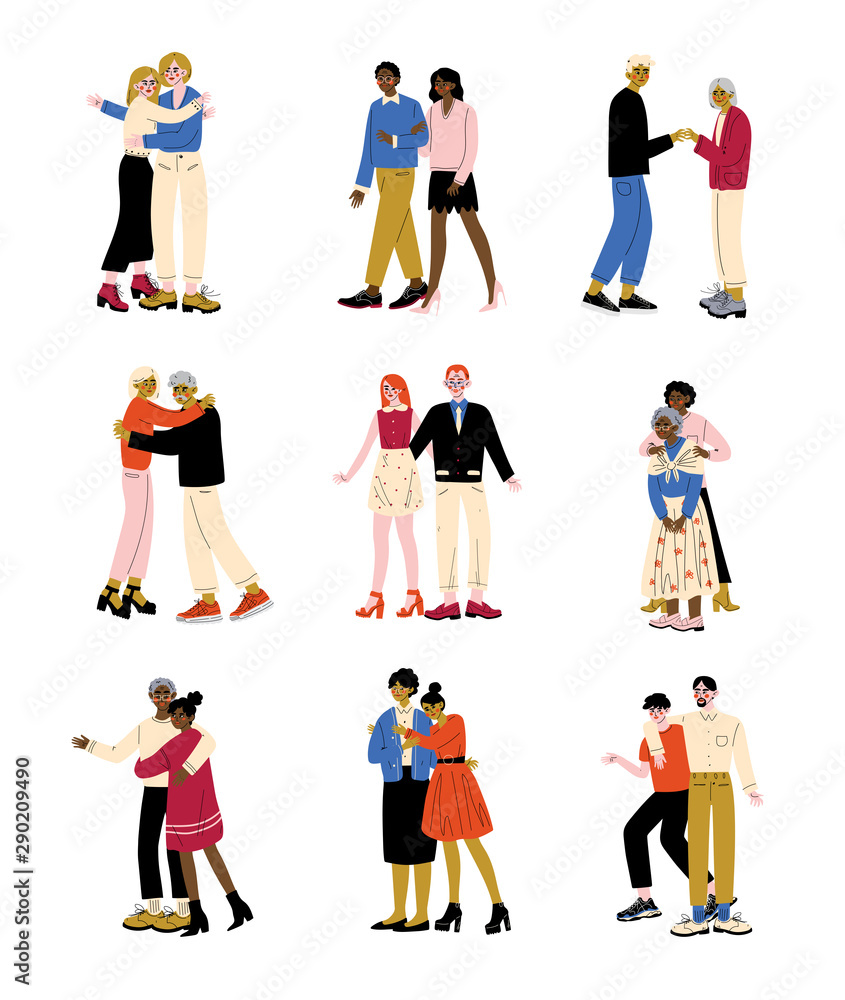 Parents and Adult Children Set, Elderly Mother and Father Hugging Their Sons and Daughters, Happy Family Concept Vector Illustration