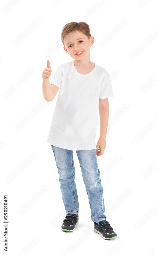 Little boy in stylish t-shirt showing thumb-up on white background Little boy in stylish t-shirt showing thumb-up on white background