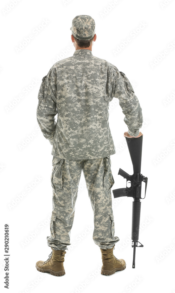 Soldier with assault rifle on white background, back view Soldier with assault rifle on white background, back view