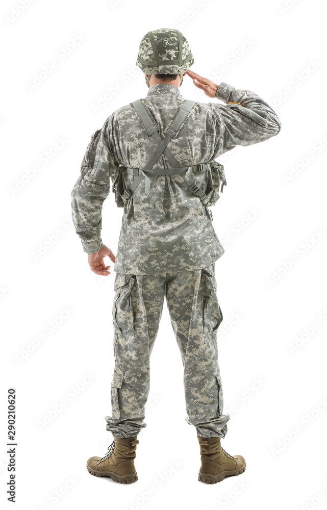 Saluting soldier on white background, back view
