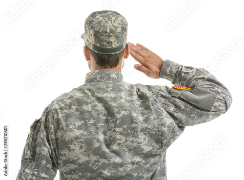 Saluting soldier on white b...