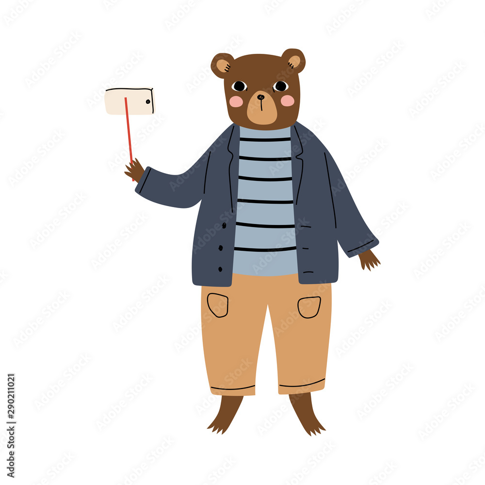 Cute Bear Tourist Making Selfie with Smartphone, Funny Humanized Animal Cartoon Character on Vacation Vector Illustration
