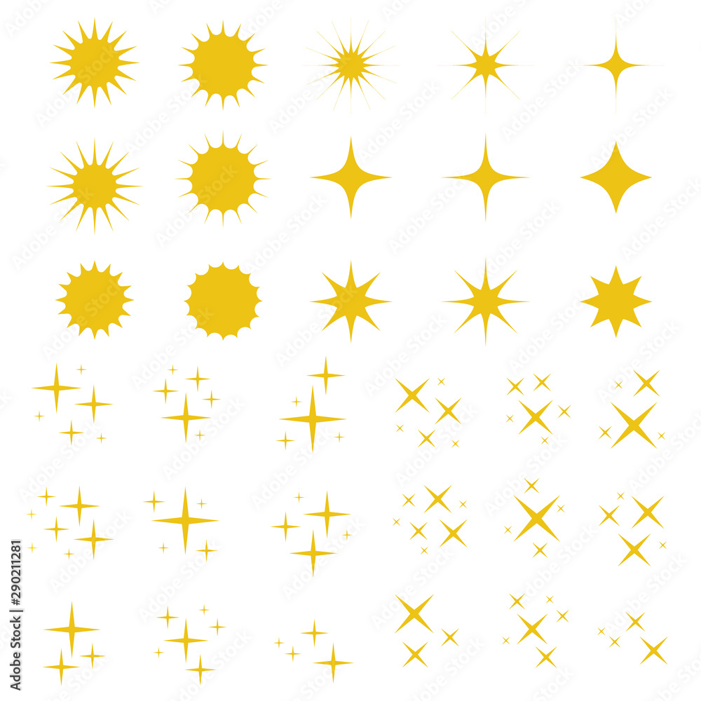 Yellow or gold stars sparkle icon vector collection. Bright firework, decoration twinkle, shiny flash. Glowing light effect 