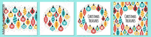 Cute set of Christmas Treasures backgrounds with hand drawn Christmas balls