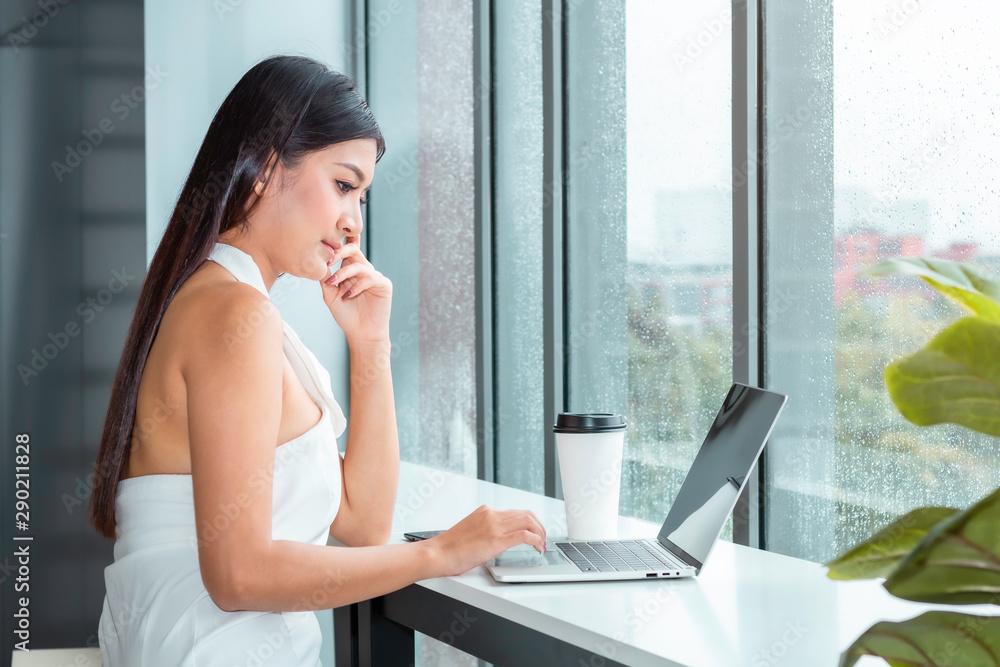 Beautiful lady tapping notebook and shopping online on living room. Beautiful lady tapping notebook and shopping online on living room.