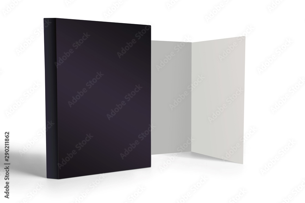Blank folder catalog with white leaflet mockup. Bent leaflet for business presentation, 3d illustration Blank folder catalog with white leaflet mockup. Bent leaflet for business presentation, 3d illustration