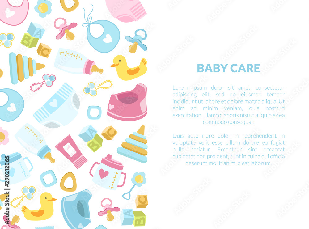 Baby Care Banner Template with Newborn Accessories and Place for Text Vector Illustration