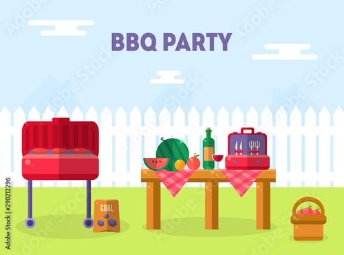 Bbq Party Banner Template, Outdoor Picnic Elements, Barbecue Invitation Card, Food Flyer Vector Illustration