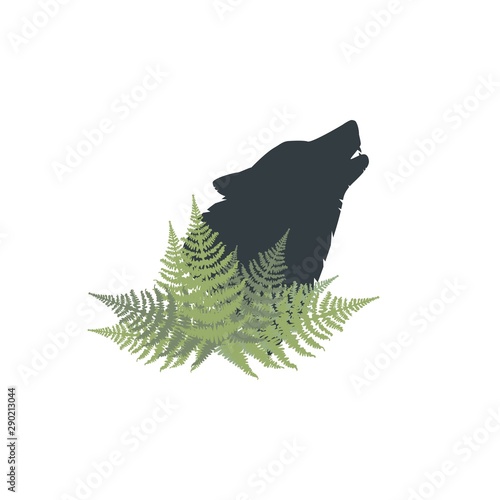wolf profile and fern leaves