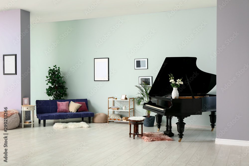 Black grand piano in interior of room Stock Photo | Adobe Stock