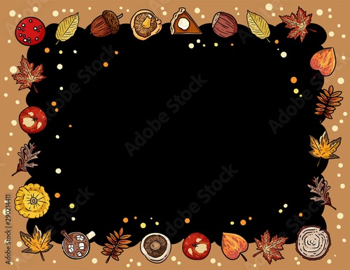 Autumn cute cozy chalkboard banner with trendy fall elements. Autumn festive poster. Cute template for agenda, planners, check lists, and other stationery
