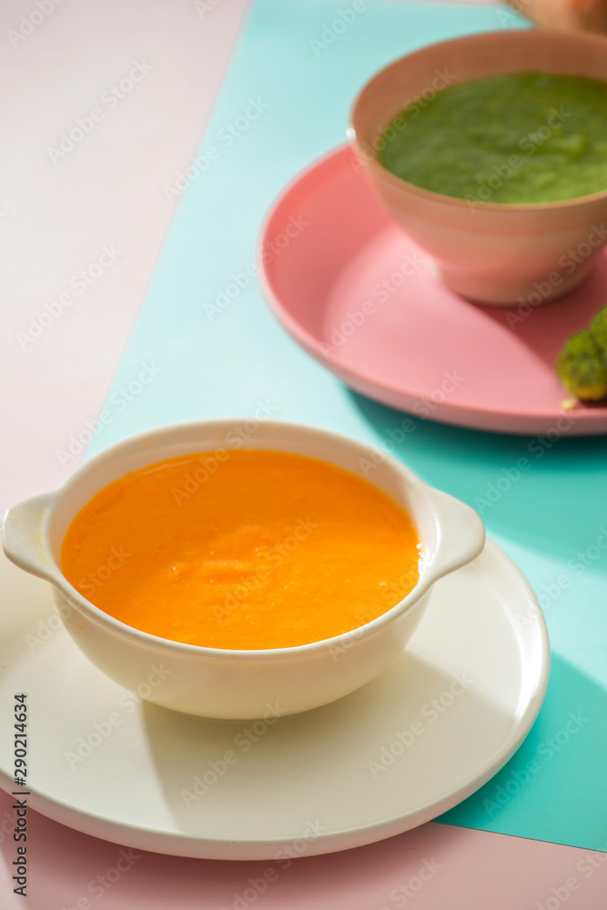 Bowls with baby food. Various bowls of fruit and vegetable puree with ingredients for cooking Bowls with baby food. Various bowls of fruit and vegetable puree with ingredients for cooking