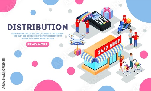 Distribution, dispatch, delivery, making purchases landing page template with 24 7 shop, customers, clients, courier, motor scooter driver, flying quadrocopter, POS machine, bank card Isometric vector