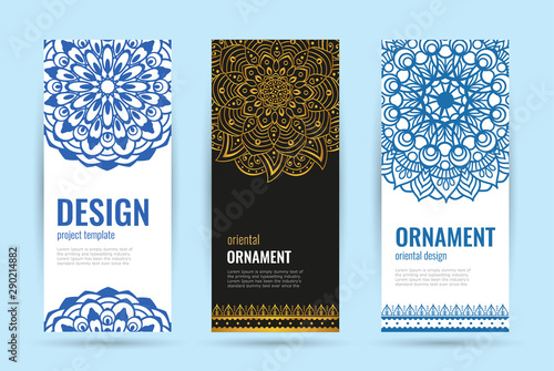 Indian floral medallion banners. Mandala ornament. Henna tattoo style. Can be used for textile, greeting card, coloring book. Vector illustration.