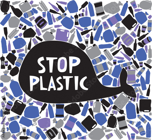 The silhouette of a whale is surrounded by plastic trash. Inscription stop plastic. Eco disaster concept photo