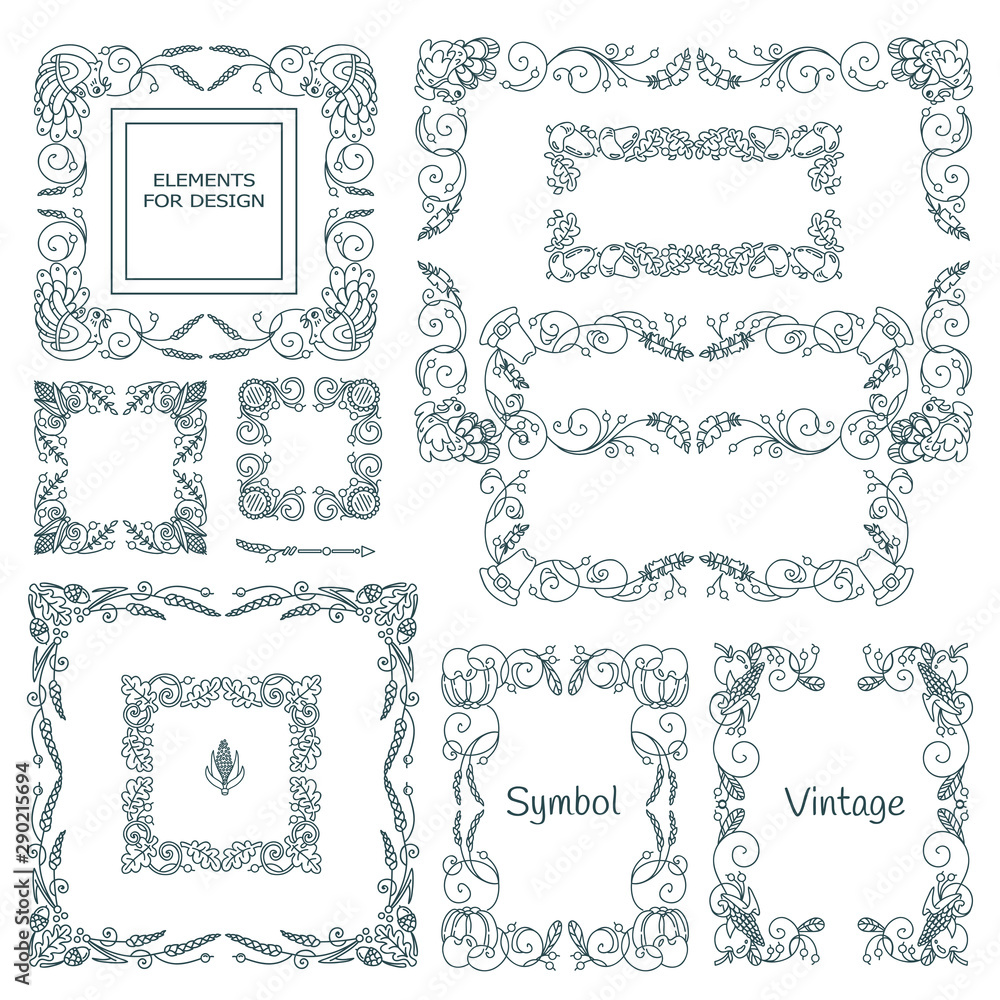 Vector set of calligraphic elements for design. Square, rectangle, section, module, template for logo, monogram, frames, boxes, vignette. Ornate elements consisting of branches, leaves, flowers, ivy Vector set of calligraphic elements for design. Square, rectangle, section, module, template for logo, monogram, frames, boxes, vignette. Ornate elements consisting of branches, leaves, flowers, ivy