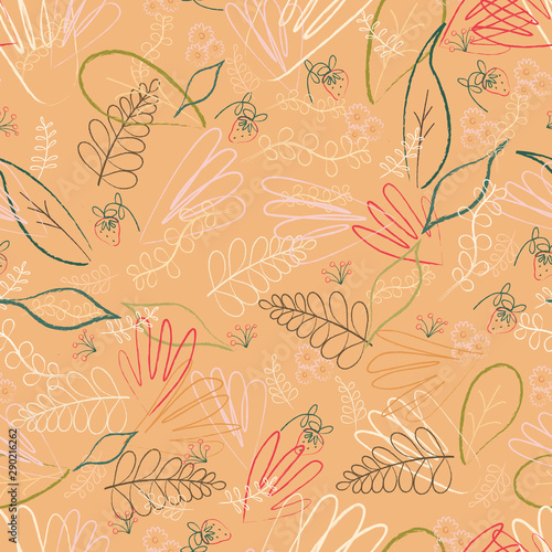 Seamless pattern of leaves, flowers, branches berries in warm autumn coloures on pastel background, For wrapping paper, wallpaper, fabric pattern, backdrop, print, gift wrap