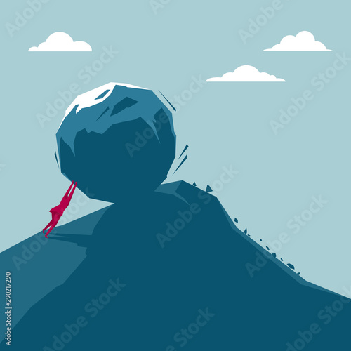 Businessman pushes a huge stone. Isolated on blue background.