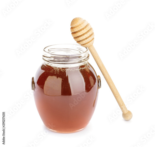 Jar of sweet honey on white background