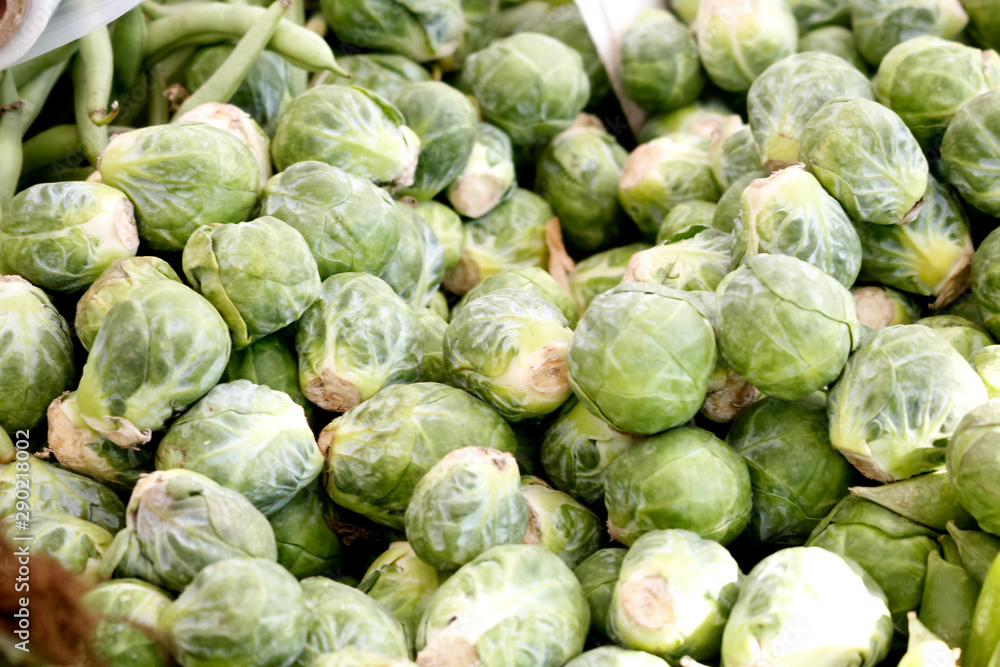 Several Brussels sprouts on display at a local farmers market. Several Brussels sprouts on display at a local farmers market.