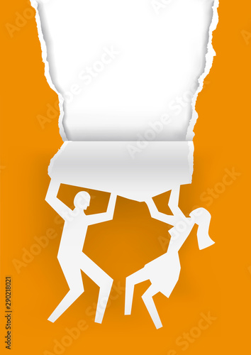 Young Couple  silhouette ripping orange paper background.  Illustration of stylized Male and female silhouette ripped paper. Place for your text or image. Vector available.