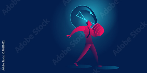 Businessman carry giant light bulb. Idea, start up, investment business concept in red and blue neon gradients