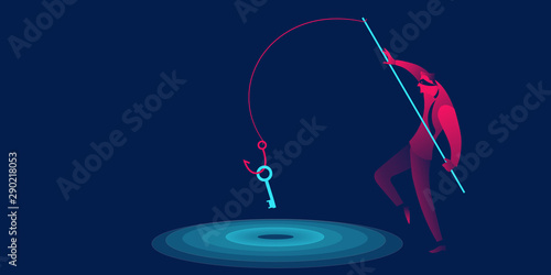 Phishing, scam, hacker business concept in red and blue neon gradients. Man with fishing hook stealing key photo