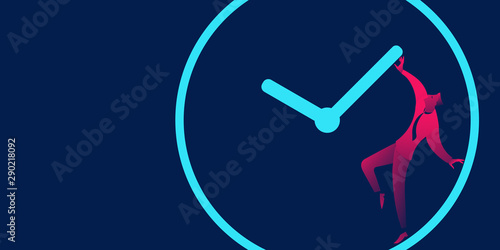 Businessman is trying to stop time. Delay, Deadline and time management business concept in red and blue neon gradients.
