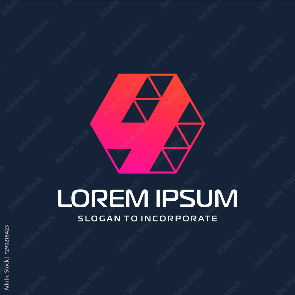 Number 4 four and hexagon logo design. technology digital with colorful triangle. construction software concept- Vector Number 4 four and hexagon logo design. technology digital with colorful triangle. construction software concept- Vector