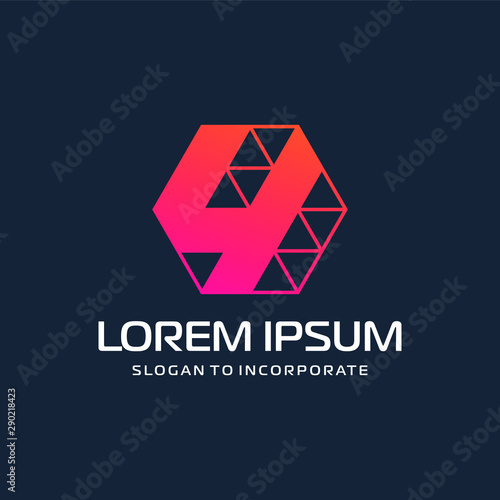 Number 4 four and hexagon logo design. technology digital with colorful triangle. construction software concept- Vector