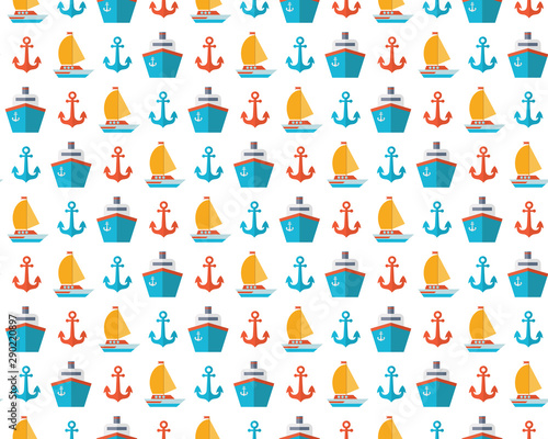 Marine seamless pattern in flat vector. Cruise ship  anchor  yacht  boat  sailboat  ship. Travel by sea transport. Bright  colorful background for packaging  fabrics  textiles.