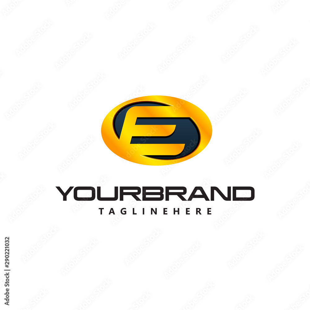 Golden Letter E logo curved oval shape. Auto Guard badge auto logo