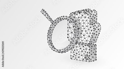 Clenched Fist model with magnifying glass. Business strength, human power analytics, success concept. Abstract, digital, wireframe, low poly mesh, vector white origami 3d illustration. Line, dot, star