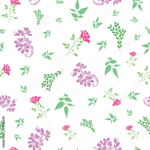 Vector rose and bail flower with leafs seamless