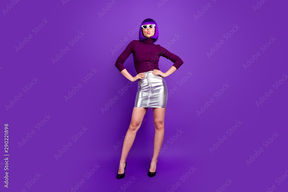 Full length photo of coquettish lady send air kiss wear sun specs trendy outfit isolated purple background
