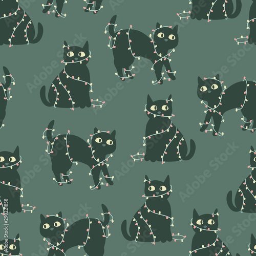 Black cat tangled in fairy lights dark background seamless pattern illustration children